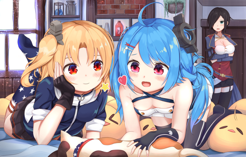 3girls :d ahoge american_flag_legwear animal ark_royal_(azur_lane) arms_under_breasts azur_lane bare_shoulders black_gloves black_hair black_skirt black_socks blonde_hair blue_eyes blue_hair blue_jacket blue_socks blush breasts brick_wall cat cleavage clevelad_(azur_lane) cleveland_(azur_lane) closed_mouth commentary_request day dress elbow_gloves fingerless_gloves garter_straps gloves hair_between_eyes hair_ornament hair_over_one_eye hairclip heart helena_(azur_lane) indoors jacket kneehighs kneeling large_breasts leg_up lena_(azur_lane) long_hair lying manjuu_(azur_lane) multiple_girls no_shoes on_stomach onasuba one_eye_closed one_side_up open_mouth parted_bangs pleated_dress pleated_skirt red_eyes short_sleeves skirt small_breasts smile socks star_(symbol) sunlight thighhighs very_long_hair white_dress window