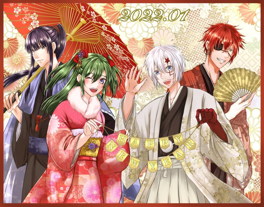 1girl 3boys allen_walker black_hair blue_kimono blush bow colored_extremities d.gray-man earrings eyepatch facial_mark floral_print fur-trimmed_kimono fur_trim green_eyes green_hair grey_eyes hair_between_eyes hair_bow hand_fan happy_new_year high_ponytail highres holding holding_fan holding_umbrella hoop_earrings japanese_clothes jewelry kanda_yuu kimono lavi lenalee_lee long_hair looking_at_another looking_at_viewer medium_hair mimo0211 multiple_boys new_year one_eye_closed one_eye_covered open_mouth pink_kimono ponytail purple_eyes red_bow red_hair red_kimono red_umbrella sidelocks smile star_(symbol) star_facial_mark teeth two_side_up umbrella white_fur white_hair white_kimono wide_sleeves