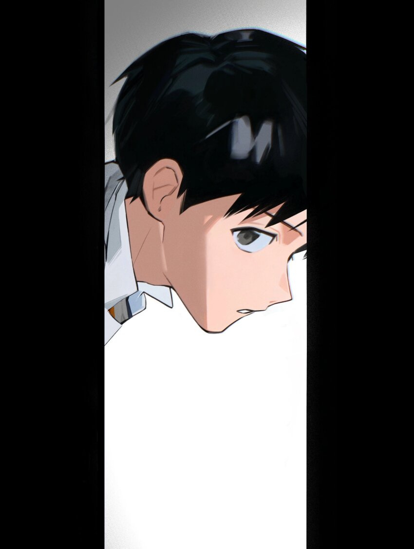 1boy absurdres bad_id bad_twitter_id black_hair closed_mouth collared_shirt gradient_background grey_background grey_eyes highres ikari_shinji looking_at_viewer male_focus neon_genesis_evangelion pillarboxed seeuagain5353 shirt short_hair simple_background solo teeth two-tone_background white_background white_shirt