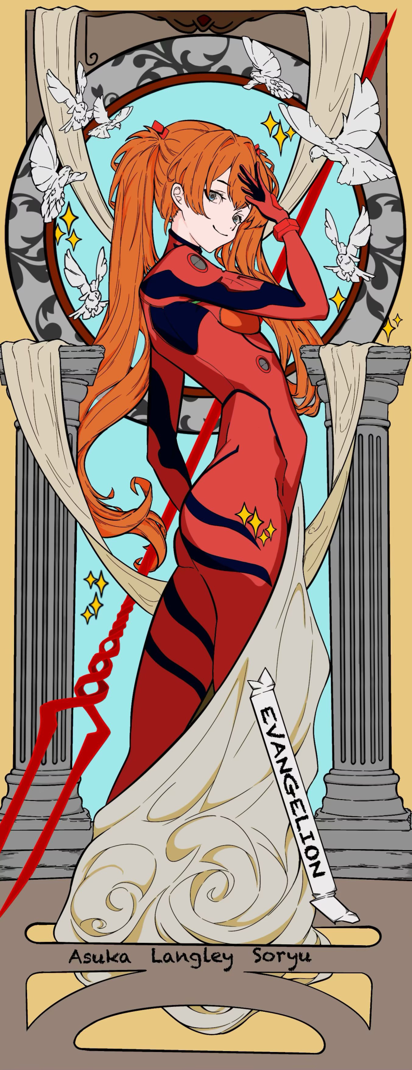 1girl absurdres artist_request ass bird blue_eyes bodysuit breasts brown_hair character_name dove full_body hair_ornament highres holding holding_lance holding_polearm holding_weapon interface_headset_(evangelion) lance lance_of_longinus_(evangelion) long_hair looking_at_viewer mecha_pilot_suit medium_breasts neon_genesis_evangelion plugsuit_(evangelion) polearm red_bodysuit simple_background smile solo souryuu_asuka_langley standing twintails very_long_hair weapon
