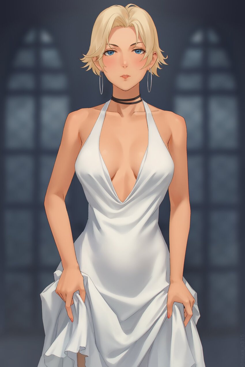 asymmetrical_hair blonde_hair blush breasts catherine_(fire_emblem) dark-skinned_female dark_skin dress earrings fire_emblem fire_emblem:_three_houses formal_clothes highres jewelry looking_at_viewer miura-n315 nintendo sideboob white_dress