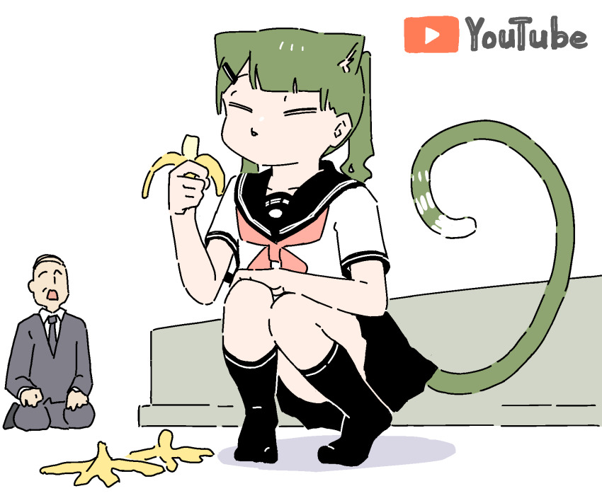 =_= animal animal_ears animated animated_gif banana black_socks cat cat_ears cat_girl cat_tail eating food fruit green_hair hair_ornament highres original rag-chan rid0922 school school_uniform serafuku simple_background socks squatting tail