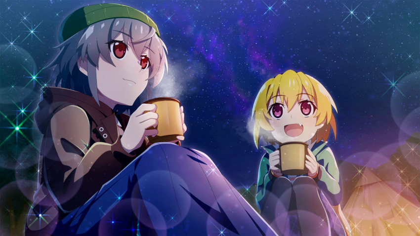 2girls :d black_pantyhose blonde_hair blue_skirt brown_eyes brown_jacket camping closed_mouth cup fang from_below game_cg green_hat green_jacket grey_hair hat highres higurashi_no_naku_koro_ni higurashi_no_naku_koro_ni_mei holding holding_cup houjou_satoko jacket kimiyoshi_kazuho knit_hat lens_flare long_sleeves looking_up mug multiple_girls night night_sky non-web_source official_art open_mouth outdoors pantyhose purple_eyes shirt short_hair sitting skin_fang skirt sky smile sparkle star_(sky) starry_sky steam striped_clothes striped_shirt tent tree