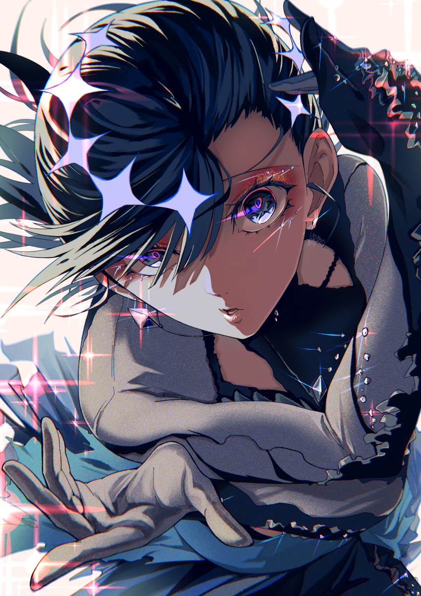 1girl absurdres arms_across_body black_dress black_eyes black_hair commentary dress earrings eyeshadow figure_skating_dress highres jewelry looking_at_viewer makeup medalist_(manga) okazaki_iruka parted_lips pokk0ri red_eyeshadow single_earring solo sparkle swept_bangs upper_body