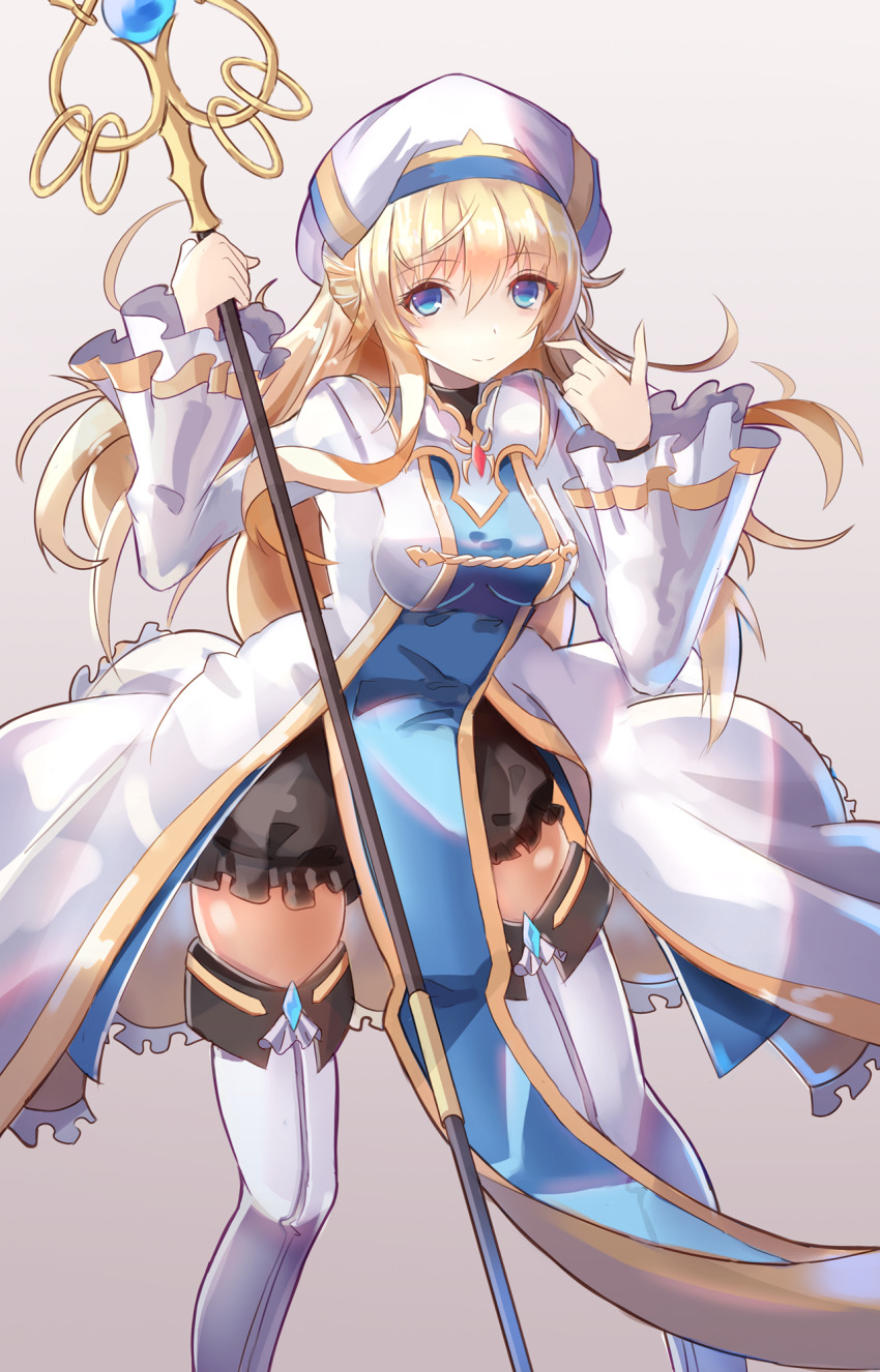 1girl black_shorts blonde_hair blue_eyes boots breasts commentary_request dress goblin_slayer! grey_background hat highres holding holding_staff kyounight long_hair looking_at_viewer medium_breasts pelvic_curtain priestess priestess_(goblin_slayer!) shakujou shorts simple_background solo staff thigh_boots thighs very_long_hair white_background white_boots white_dress white_hat