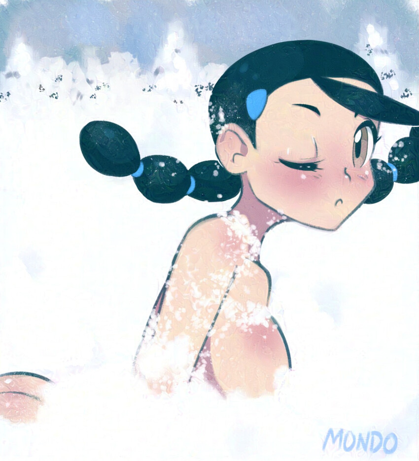 1girl ass black_hair blush brown_eyes candice_(pokemon) highres multi-tied_hair nintendo nude one_eye_closed pokemon pokemon_dppt snow supermondobeat
