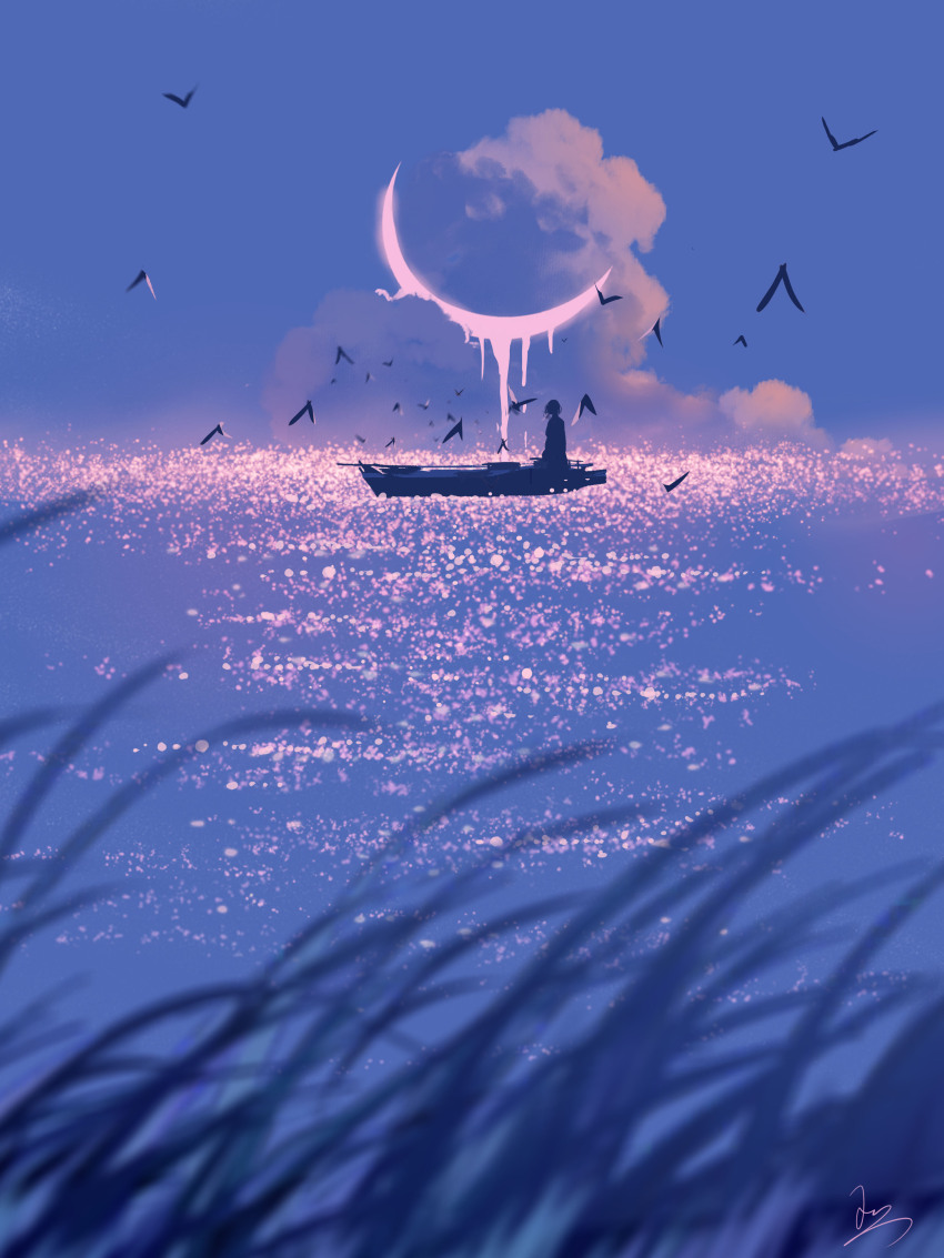 1girl absurdres blue_sky blurry blurry_foreground boat bokeh cloud crescent_moon cumulonimbus_cloud depth_of_field evening grass highres huashijw melting moon ocean original outdoors reflection reflective_water scenery signature silhouette simple_bird sky solo standing very_wide_shot water watercraft