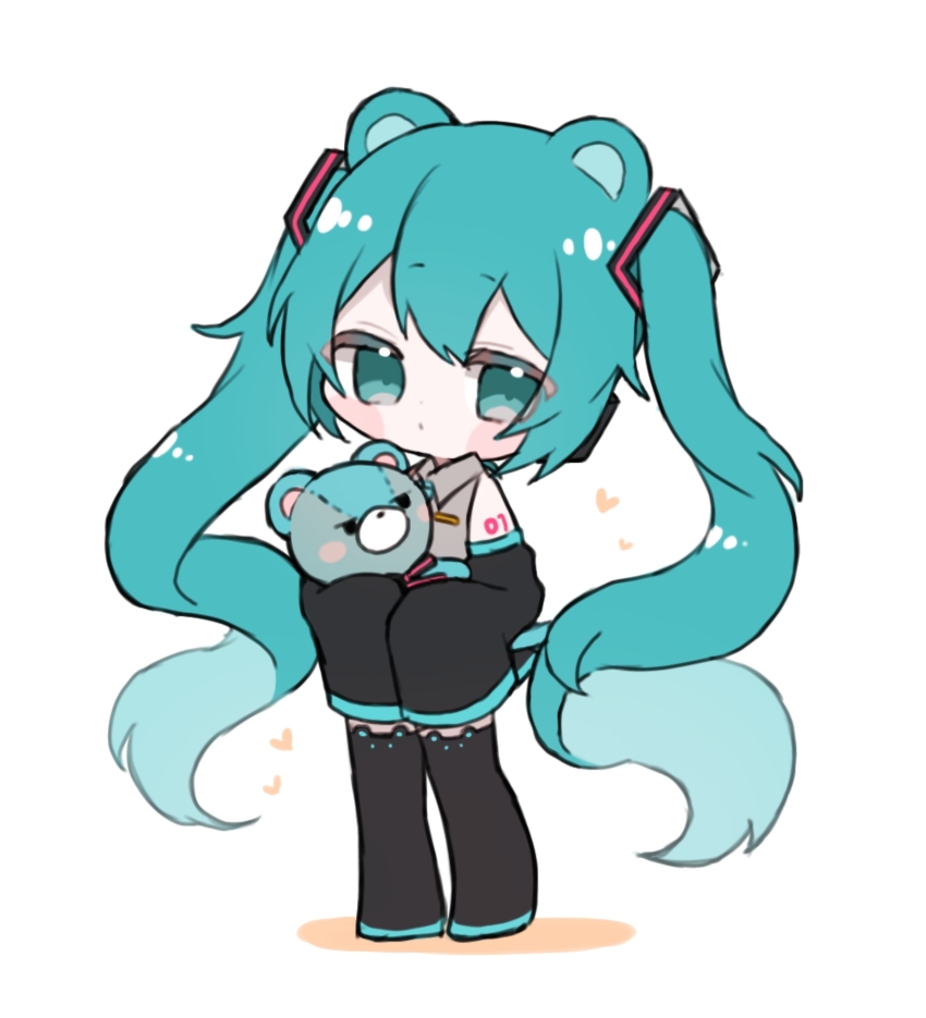1girl animal_ears bear_ears blue_eyes blue_hair blush boots cat_ear_footwear chibi collared_shirt detached_sleeves expressionless full_body hatsune_miku highres holding holding_stuffed_toy long_hair long_sleeves maro_maro_3939 shirt sleeveless sleeveless_shirt sleeves_past_fingers sleeves_past_wrists solo stuffed_animal stuffed_toy teddy_bear thigh_boots twintails very_long_hair vocaloid