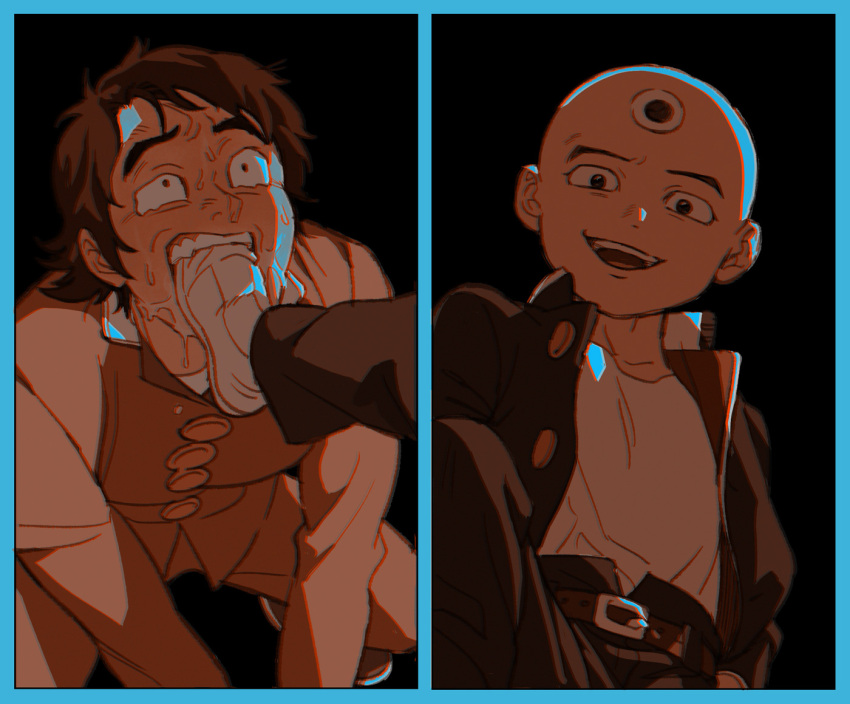 2boys bald belt black_background black_jacket black_pants blue_border border brown_belt brown_hair bullying chromatic_aberration collarbone foot_on_another&#039;s_face jacket looking_at_another looking_down maiko_(setllon) male_focus mitsume_ga_tooru multiple_boys open_mouth pants saliva school_uniform sharaku_hosuke shirt short_hair squatting subaru_kidou tears third_eye white_shirt