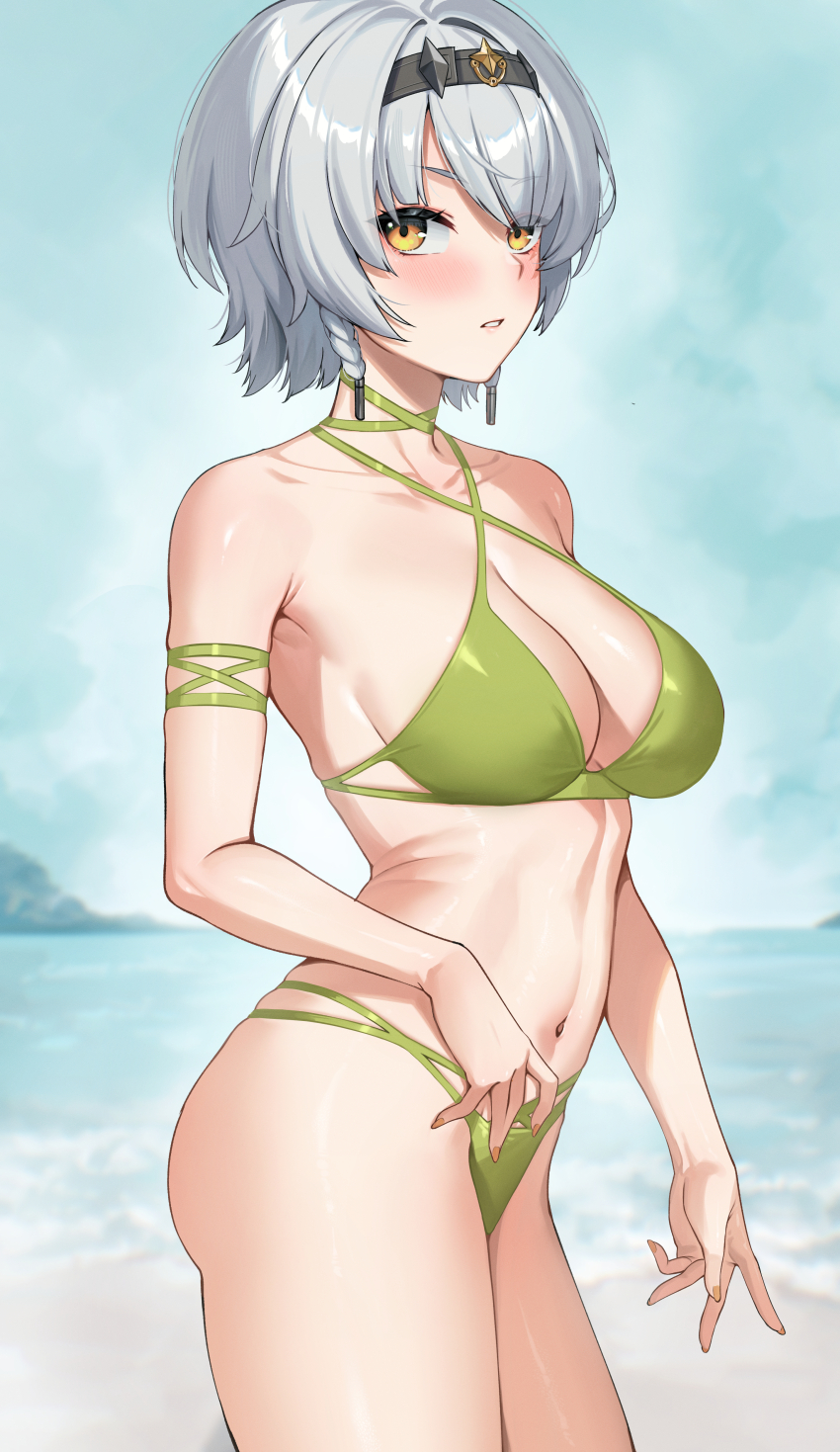 1girl absurdres alternate_costume anby_demara anby_demara_(silver_soldier) beach bikini black_hairband blush braided_sidelocks breasts deras gold_armlet green_bikini grey_hair grey_sky hair_intakes hairband highres horizon large_breasts looking_at_viewer navel ocean orange_eyes outdoors short_hair sky solo stomach swimsuit thighs zenless_zone_zero