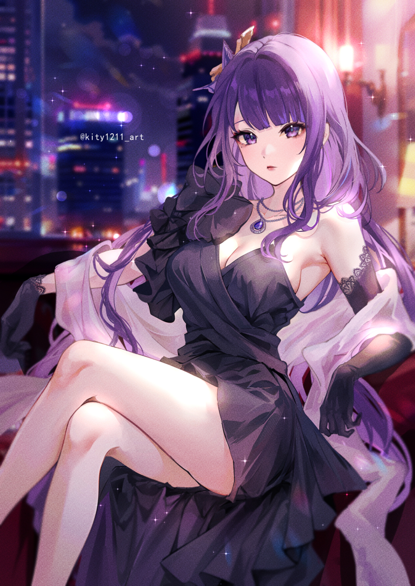 1girl alternate_costume armpits asymmetrical_gloves bare_legs bare_shoulders black_dress black_gloves blurry blurry_background bokeh breasts building city_lights cityscape cleavage closed_mouth cocktail_dress commentary_request contemporary crossed_legs depth_of_field dress elbow_gloves genshin_impact gloves highres indoors jewelry kity1211_tetsu large_breasts long_hair looking_at_viewer necklace night purple_eyes purple_hair raiden_shogun shawl sidelocks sitting skyscraper sleeveless sleeveless_dress solo thighs twitter_username very_long_hair