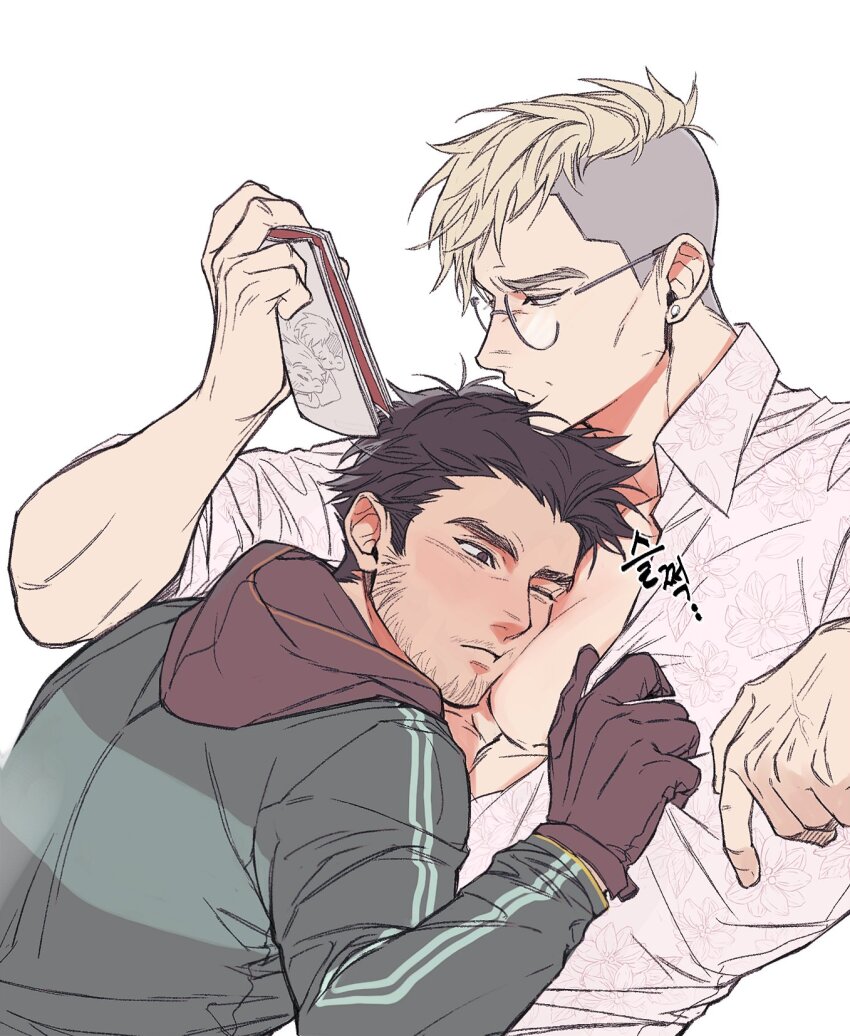 2boys bara beard_stubble blonde_hair blush book cheek_press couple dr4g0nkingp3n1s ear_piercing face_to_pecs facial_hair from_side glasses gloves head_on_chest highres hood large_pectorals male_focus mature_male medium_sideburns multiple_boys muscular muscular_male original pectoral_cleavage pectoral_pillow pectoral_press pectorals piercing profile reading sleeping sleeping_on_person spiked_hair stubble thick_eyebrows undercut upper_body yaoi