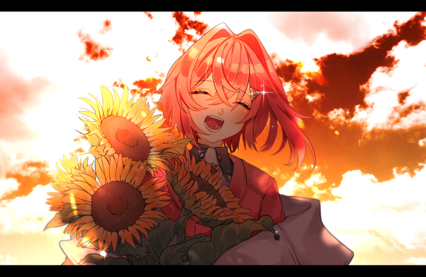 1girl ^_^ ange_katrina ange_katrina_(1st_costume) cardigan chilcy35 closed_eyes cloud commentary_request crossed_bangs flower hair_between_eyes hair_intakes hair_ornament highres holding holding_flower letterboxed long_bangs nijisanji off_shoulder open_mouth orange_sky red_cardigan red_hair short_hair sky solo sparkle sunflower sunset teeth triangle_hair_ornament upper_body virtual_youtuber yellow_flower