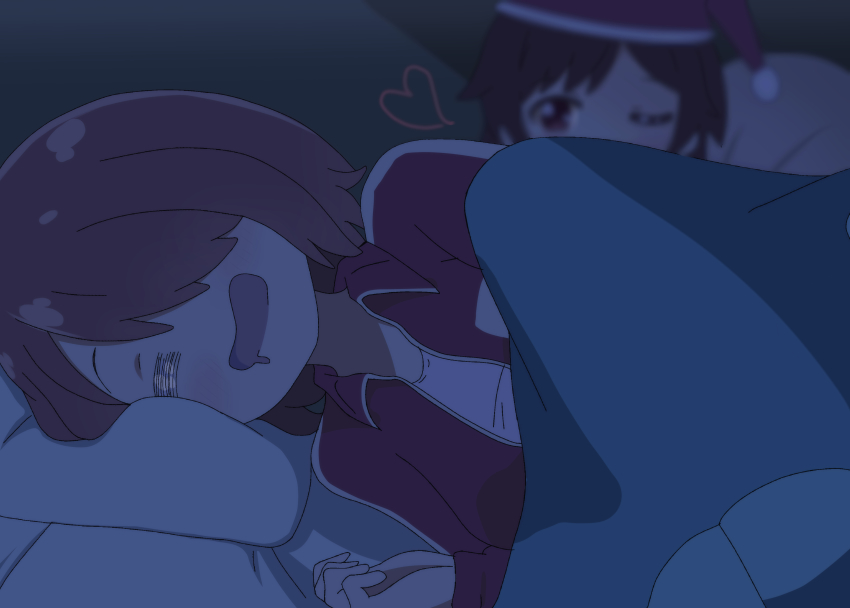 2girls absurdres bed_sheet black_eyes black_hair blanket blouse blurry blurry_background brown_hair closed_eyes collared_jacket drooling hat highres hoshino_miyako_(wataten) jacket long_sleeves looking_at_another lying matsumoto_kouko medium_hair multiple_girls on_side one_eye_closed open_clothes open_jacket open_mouth pillow poa_mellhen santa_hat shirt sidelocks sleeping swept_bangs watashi_ni_tenshi_ga_maiorita! white_shirt
