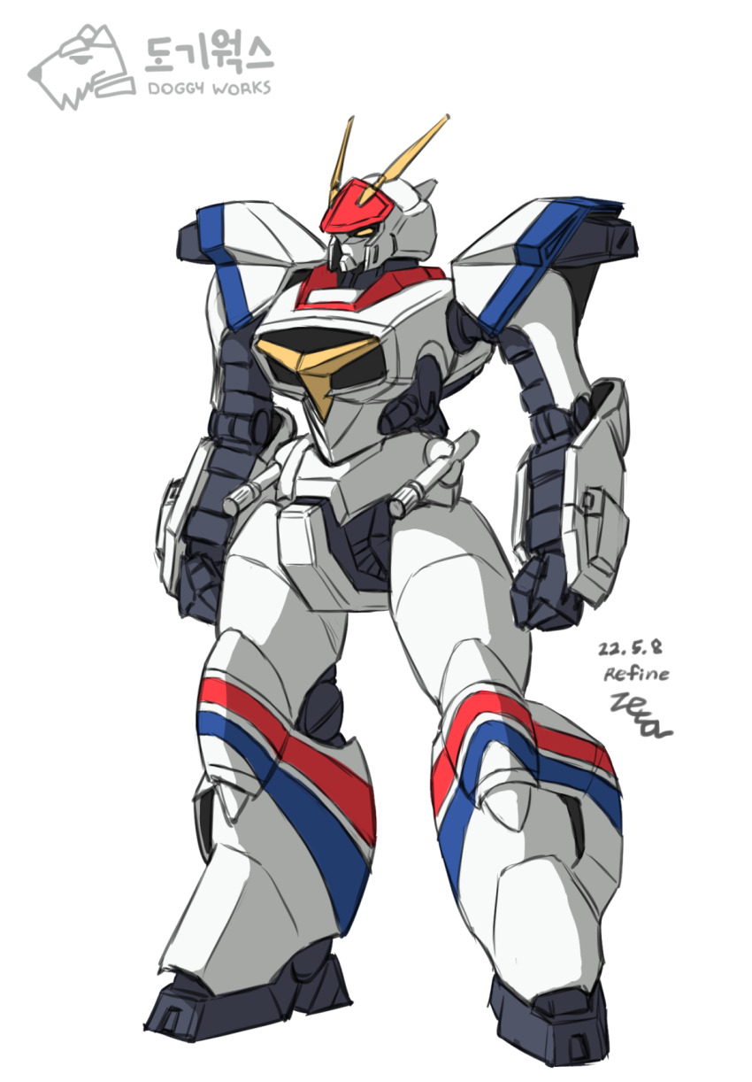 2022 clenched_hands colored_lineart commentary_request d-1 dated dog exposed_internal_machinery highres kikou_senki_dragonar korean_commentary logo mecha mecha_focus robot science_fiction signature sketch yellow_eyes z006