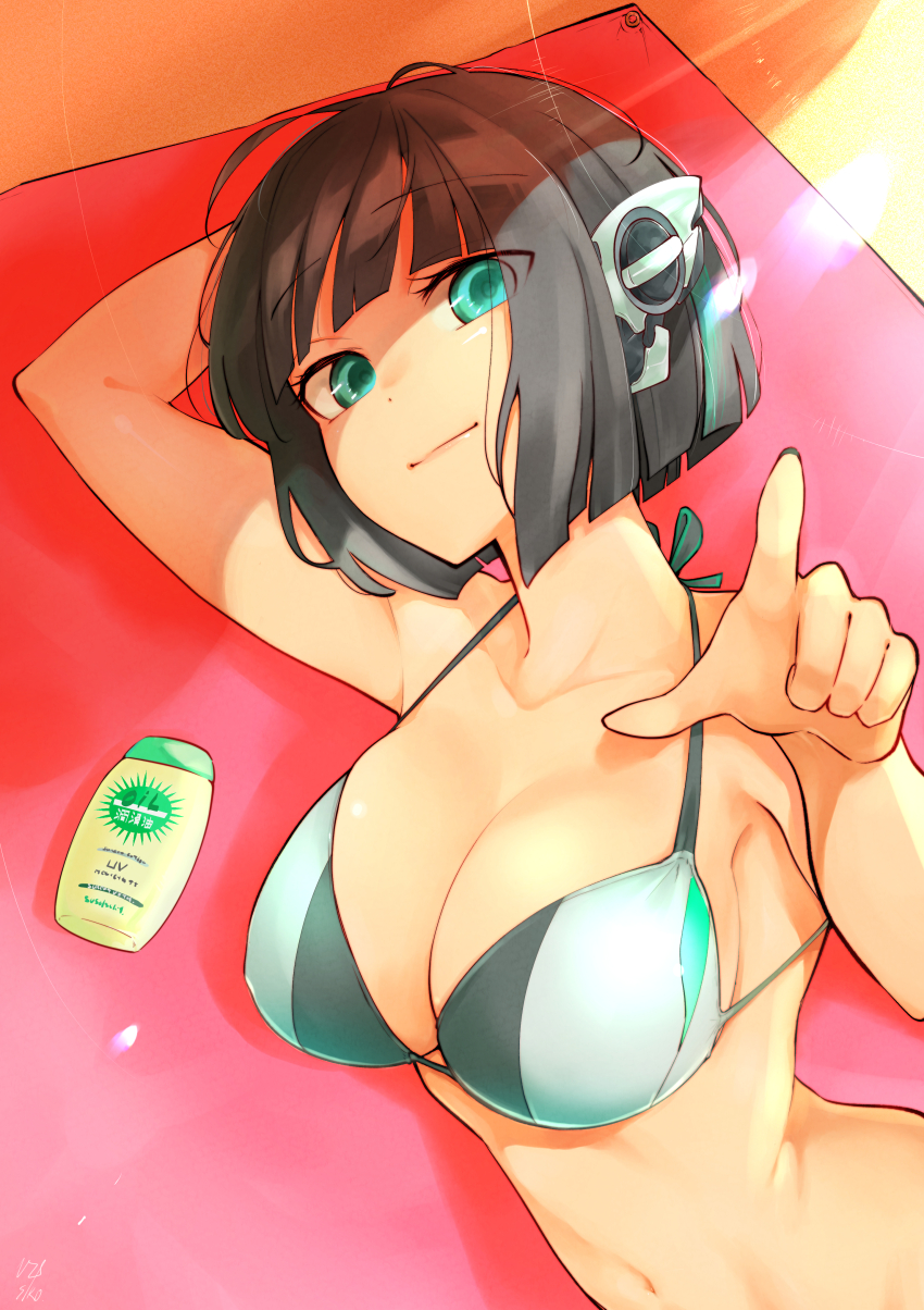 1girl absurdres arm_up armpit_crease bare_arms beach_towel bikini black_hair breasts cleavage closed_mouth collarbone commentary_request green_eyes hair_ornament highres inaba_makoto is_(kamen_rider_01) kamen_rider kamen_rider_01_(series) large_breasts lens_flare light_smile looking_at_viewer lotion lying multicolored_bikini navel on_side pointing pointing_at_viewer short_hair solo sunscreen swimsuit towel upper_body white_bikini