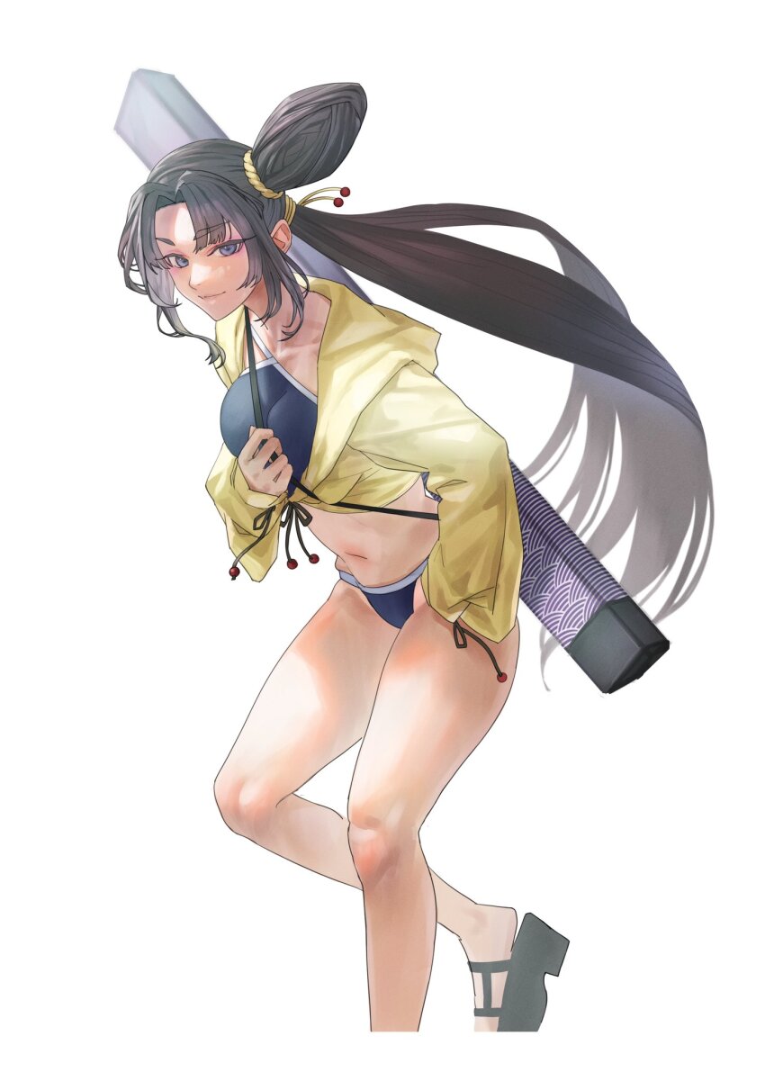 1girl bikini black_hair blue_bikini blue_eyes breasts fate/grand_order fate_(series) hair_bun highres jacket long_hair long_sleeves looking_at_viewer navel parted_bangs side_ponytail single_hair_bun smile solo swimsuit thighs tonko_from ushiwakamaru_(fate) ushiwakamaru_(swimsuit_assassin)_(fate) ushiwakamaru_(swimsuit_assassin)_(first_ascension)_(fate) very_long_hair yellow_jacket