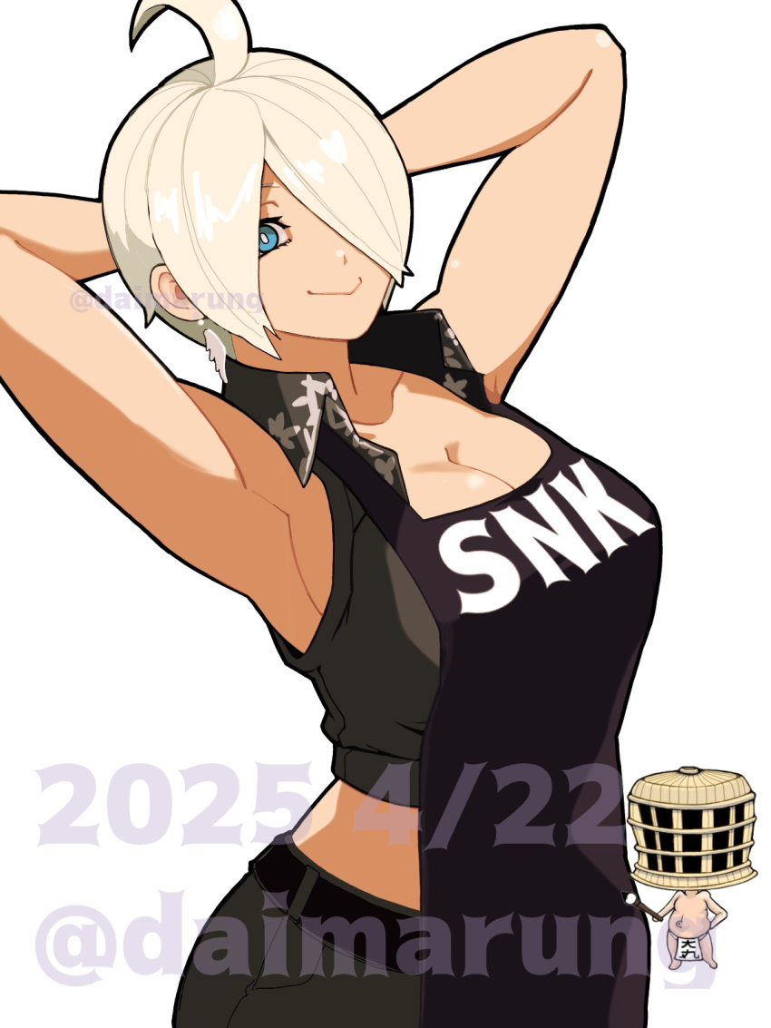 1girl angel_(kof) apron armpits arms_behind_head arms_up blue_eyes breasts cleavage crop_top daimaru_(s29y2c) hair_over_one_eye hands_in_hair highres large_breasts looking_at_viewer midriff navel official_alternate_costume short_hair smile snk solo stomach the_king_of_fighters toned toned_female watermark white_hair