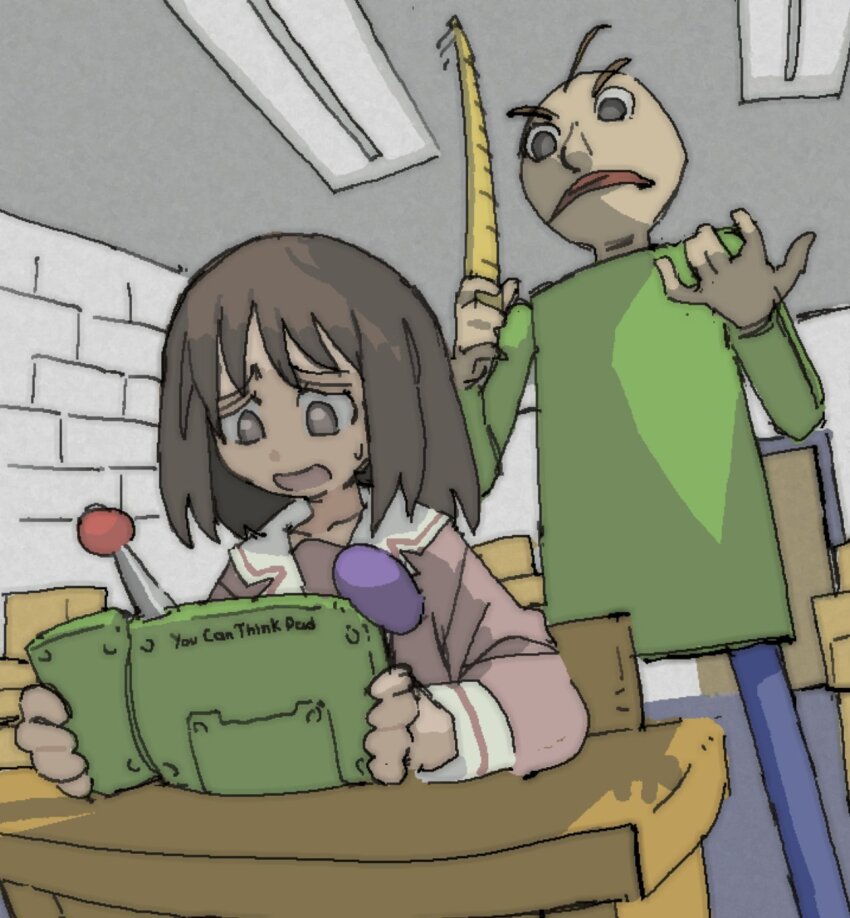 &gt;:( 1boy 1girl azumanga_daioh&#039;s_school_uniform azumanga_daiou bald baldi baldi&#039;s_basics blue_pants brick_wall brown_eyes brown_hair chair collared_shirt denim desk door fisheye green_shirt highres holding holding_ruler holding_tablet_pc imminent_hit indoors jeans kasuga_ayumu long_sleeves medium_hair nervous on_chair on_desk pants pantsu-ripper pink_shirt sailor_collar school school_chair school_desk school_uniform serafuku shirt single_stripe sitting solo sweatdrop tablet_pc v-shaped_eyebrows white_sailor_collar