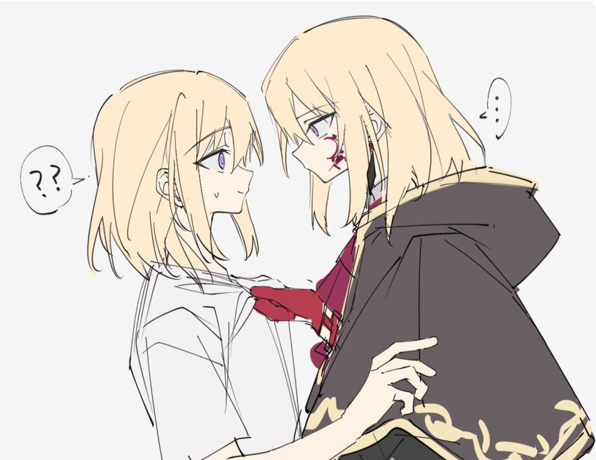 ... 2girls ? ?? @_@ ascot aver_(yumenokessho) bang_dream! bang_dream!_it&#039;s_mygo!!!!! blonde_hair brown_capelet capelet closed_mouth clothes_grab clothes_pull collar_grab crescent crescent_facial_mark doloris_(bang_dream!) dual_persona earrings expressionless eye_contact face-to-face facial_mark facial_tattoo flat_color from_side gloves grey_background hand_up height_difference hood hood_down hooded_capelet in-franchise_crossover jewelry light_smile looking_at_another misumi_uika multiple_girls neckwear_grab profile purple_eyes red_ascot red_gloves shirt short_hair short_sleeves simple_background sketch speech_bubble spoken_ellipsis spoken_question_mark sweatdrop t-shirt tattoo white_shirt wide-eyed wuubaiwan yumenokessho