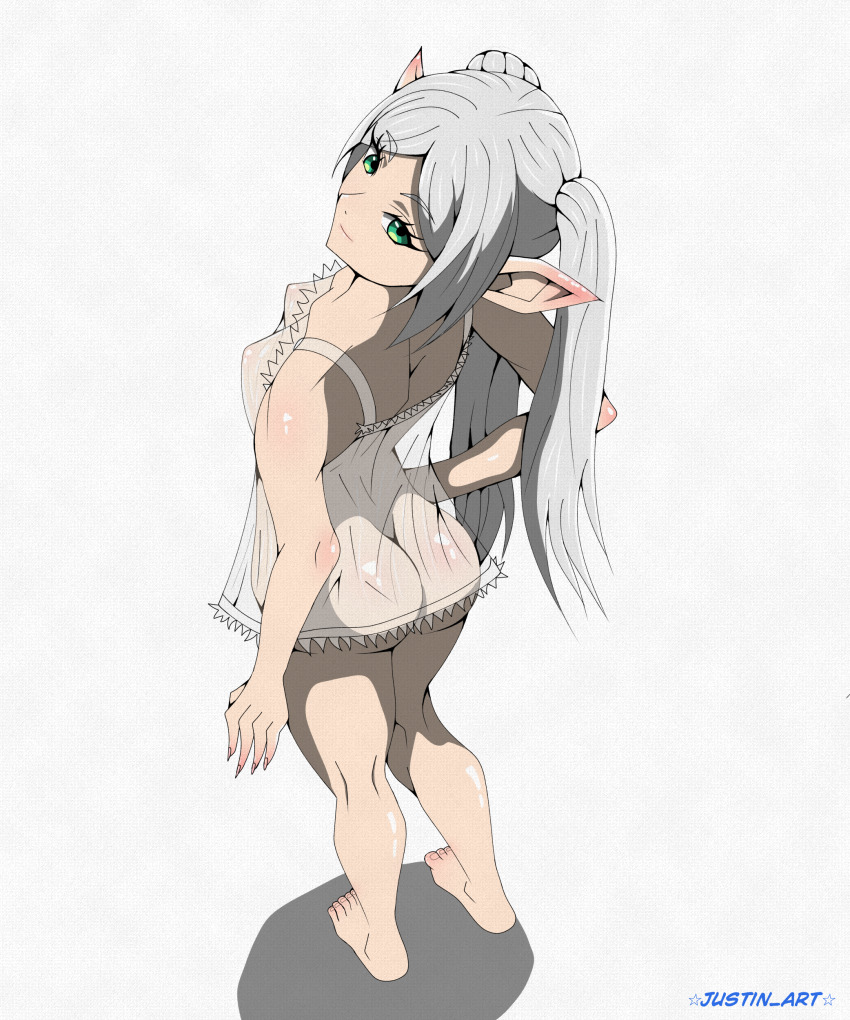 1girl absurdres ass dress elf feet frieren green_eyes grey_hair highres justin_art looking_at_viewer looking_back pointy_ears red_eyes see-through_clothes sousou_no_frieren twintails waiting white_hair
