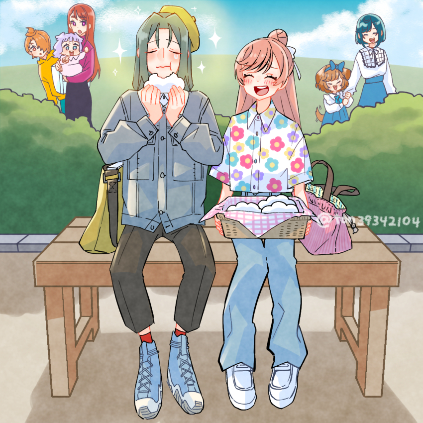 2boys 5girls :t animal_ears aqua_eyes asymmetrical_bangs bag basket battamonda bench beret black_pants black_skirt blouse blue_pants blue_shoes blue_skirt blue_sky bob_cut brown_hair carrying child child_carry closed_eyes closed_mouth cloud cloudy_sky collared_shirt commentary day delicious_party_precure denim denim_jacket dog_ears dog_girl dog_tail eating ellee-chan food fuwa_kokone grabbing_another&#039;s_arm green_hair grey_jacket hair_bun hair_over_one_eye hair_ribbon handbag hat hijiri_ageha hirogaru_sky!_precure holding holding_food in-franchise_crossover jacket jeans long_hair long_sleeves looking_at_another multiple_boys multiple_girls nijigaoka_mashiro onigiri open_mouth orange_hair outdoors pam-pam pam-pam_(human) pants pencil_skirt pink_sweater precure purple_eyes purple_hair red_eyes ribbon shirt shoes short_hair short_sleeves single_hair_bun sitting skirt sky smile sneakers sparkle sweater tail tail_wagging tilted_headwear ton_(ton39342104) twitter_username two_side_up white_ribbon white_shirt white_shoes wing_collar yellow_hat yuunagi_tsubasa