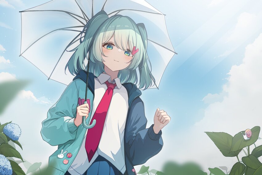 1girl aqua_hair badge blue_flower blue_hair blue_jacket blue_skirt blue_sky blunt_bangs breasts button_badge closed_mouth cloud cloudy_sky collared_shirt commentary_request cowboy_shot day dot_nose eyebrows_hidden_by_hair flower from_below hair_between_eyes hair_ornament hairclip hands_up highres holding holding_umbrella hood hood_down hooded_jacket jacket leaf light light_blue_jacket light_smile long_sleeves looking_at_viewer multicolored_jacket nature necktie nore_th open_clothes open_jacket outdoors pin puffy_long_sleeves puffy_sleeves red_necktie red_tie scenery see-through_clothes shadow shirt short_hair skirt sky small_breasts snail solo standing sunlight tuyu_(band) twintails two-tone_jacket umbrella white_shirt white_umbrella yappari_ame_wa_furunda_ne