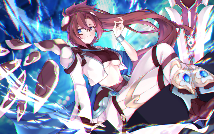 1girl altheavin armor blue_eyes bracelet breasts brown_hair closed_mouth crossed_legs fingerless_gloves floating_hair gloves greaves highres jacket jewelry labyrista_(princess_connect!) large_breasts long_hair looking_at_viewer medium_breasts midriff navel ponytail princess_connect! shoulder_armor sitting smile solo sword underboob weapon