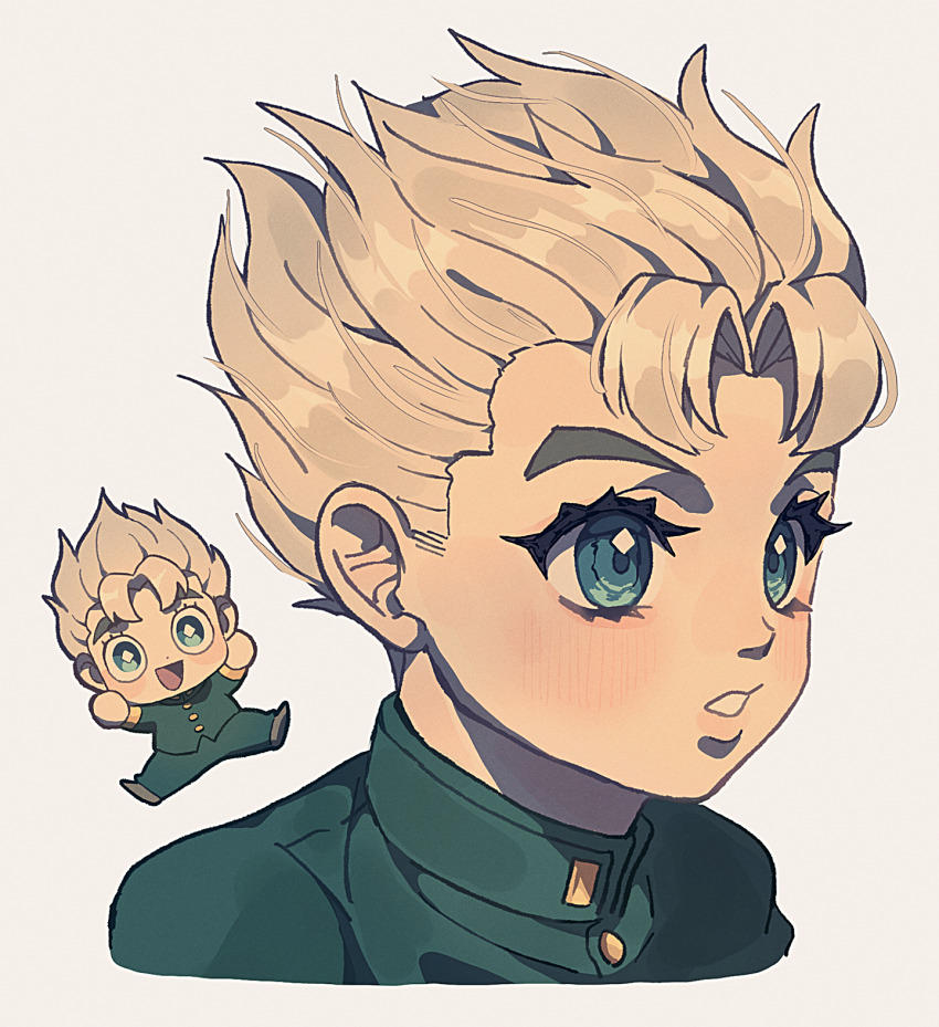 1boy black_hair blonde_hair blue_eyes chibi curtained_hair diamond_wa_kudakenai dual_persona gakuran highres hirose_koichi jojo_no_kimyou_na_bouken male_focus portrait school_uniform siniy solo