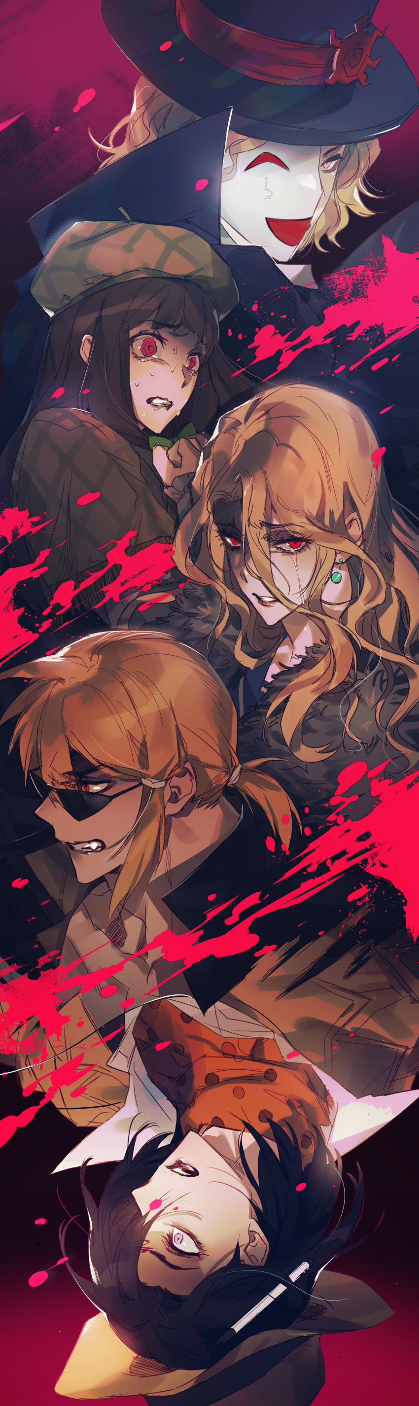 2girls 3boys @_@ absurdres bad_id bad_pixiv_id beret black_hair black_hat black_jacket blonde_hair blood blood_splatter blue_sailor_collar bow brown_hair brown_hat brown_jacket cape capelet clenched_teeth coat danganronpa_another dark-skinned_male dark_skin earrings eyelashes fur_coat green_bow hair_between_eyes half_mask hat high_collar highres jacket jacket_on_shoulders jewelry lips long_hair magorobi_emma makunouchi_hajime mask medium_hair multiple_boys multiple_girls nijiue_iroha orange_scarf pen pink_blood polka_dot polka_dot_scarf ponytail purple_eyes red_eyes sailor_collar sannoji_mikado scarf shirt short_ponytail single_tear spoilers sunglasses super_danganronpa_another_2 sweat tearing_up techa_(pixiv7164124) teeth white_shirt yellow_eyes yomiuri_nikei