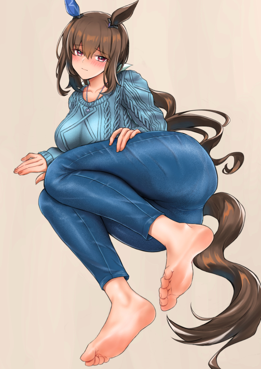 1girl admire_vega_(umamusume) animal_ears argyle_clothes argyle_sweater ass barefoot blue_sweater blush bow breasts brown_hair cable_knit closed_mouth collarbone denim ear_covers ear_ornament feet furrowed_brow hair_between_eyes hair_bow hakase_yurisuki hand_on_own_thigh highres horse_ears horse_girl horse_tail jewelry large_breasts long_hair looking_at_viewer low_ponytail lying on_side pendant ponytail single_ear_cover soles solo sweater tail toenails toes umamusume