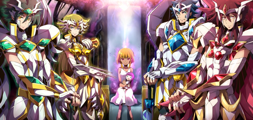 10s 2girls 3boys aegaeon_(saint_seiya_omega) armor aura black_hair blonde_hair blue_eyes blue_hair dark_skin doll full_armor gallia_(saint_seiya_omega) green_eyes hyperion_(saint_seiya_omega) kido_saori_(doll) long_hair looking_at_viewer mochimako_(mushikera_hoi2) multiple_boys multiple_girls pallas red_eyes red_hair saint_seiya saint_seiya_omega short_hair sitting smile standing sword team titan_(saint_seiya_omega) weapon yellow_eyes