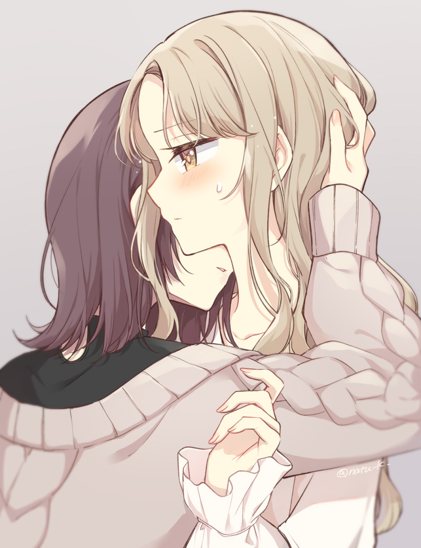 2girls aran_sweater black_shirt brown_eyes brown_hair cable_knit commentary_request grey_background grey_sweater hand_on_another&#039;s_head hazuki_natsu highres light_brown_hair long_hair long_sleeves medium_hair multiple_girls original parted_lips shirt simple_background sweatdrop sweater twitter_username upper_body white_shirt yuri