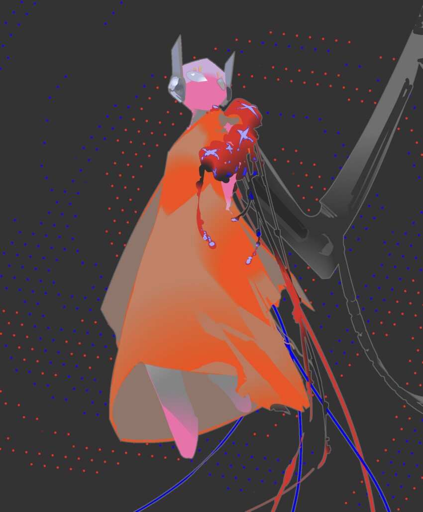 1boy barefoot bb_(bb_rain) blank_eyes cable colored_skin five_pebbles full_body highres iterator_(rain_world) orange_robe pink_skin rain_world robe robot_ears solo