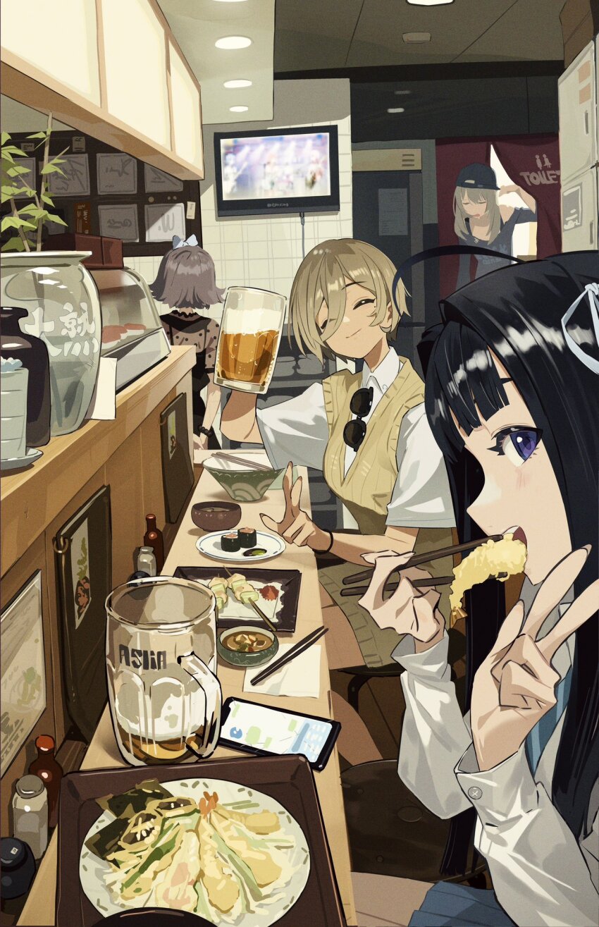 4girls ^_^ ahoge awa_subaru baseball_cap beer_mug black_dress black_hair black_shirt blue_eyes blue_necktie blue_skirt bow bracelet brown_sweater_vest cellphone chopsticks closed_eyes closed_mouth collared_shirt cup diagonal-striped_clothes diagonal-striped_necktie dress eating ebizuka_tomo food girls_band_cry grey_hair hair_between_eyes hair_bow hair_intakes hair_ribbon hat highres holding holding_chopsticks indoors jewelry kawaragi_momoka long_hair long_hair_between_eyes long_sleeves mole mole_under_eye mug multicolored_hair multiple_girls necktie phone plant pleated_skirt potted_plant purple_eyes ribbon roots_(hair) rupa_(girls_band_cry) shirt short_hair shrimp shrimp_tempura single_off_shoulder skirt smartphone smile striped_clothes sweater_vest tempura tizibade v w white_ribbon white_shirt