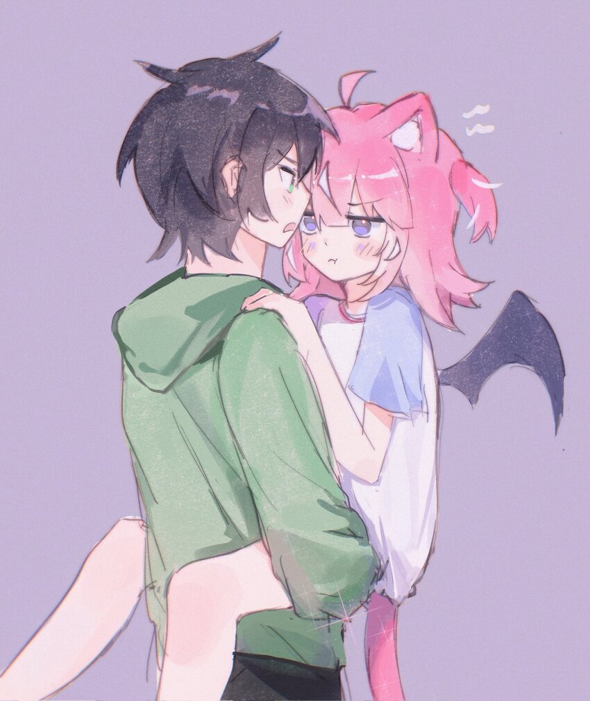 1boy 1girl ahoge animal_ears bat_wings black_hair black_pants black_wings camila_(vtuber) carrying carrying_person cat_ears closed_mouth cowboy_shot facial_mark from_side green_eyes green_hoodie highres hood hoodie indie_virtual_youtuber medium_hair multicolored_hair open_mouth pants pink_hair pinkpink939 pout purple_background purple_eyes short_hair short_sleeves streaked_hair triangle triangle_facial_mark vedal987 virtual_youtuber white_hair wings