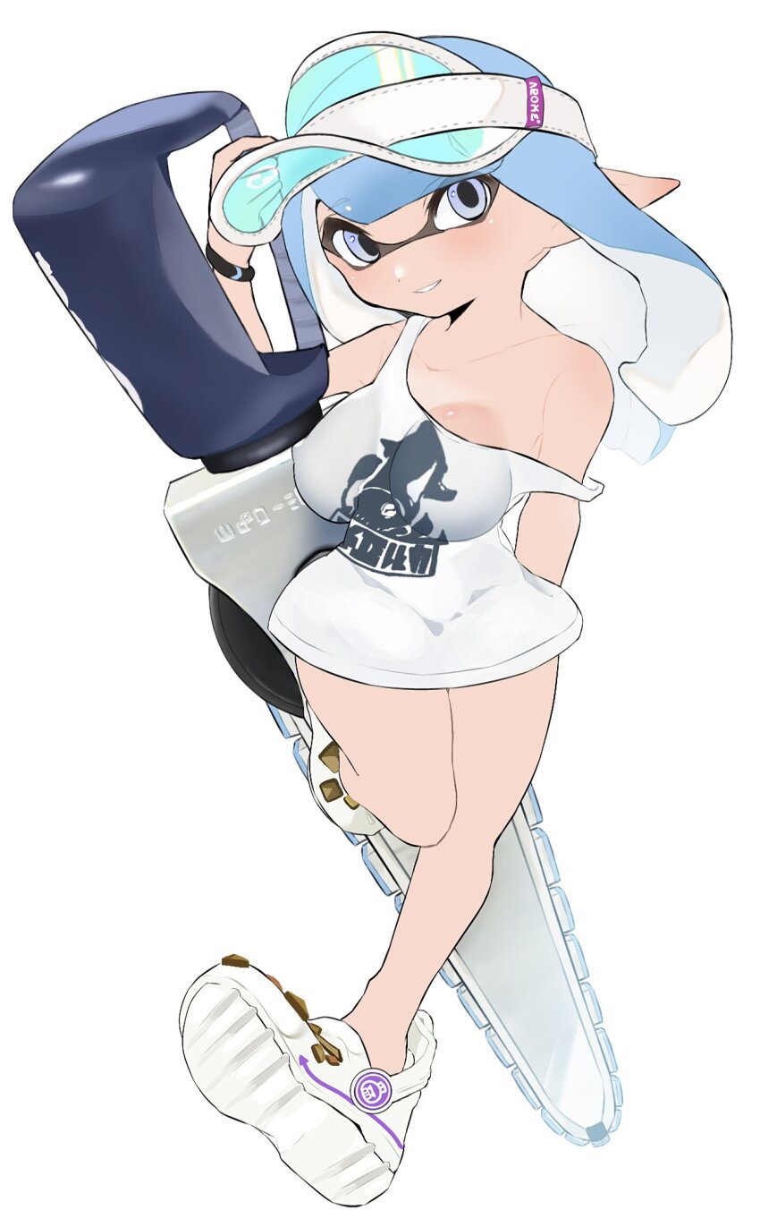 1girl blue_hair breasts chainsaw impossible_clothes inkling_girl inkling_player_character large_breasts nintendo pointy_ears simple_background sino_(o_x_x_o) solo splatoon_(series) white_background