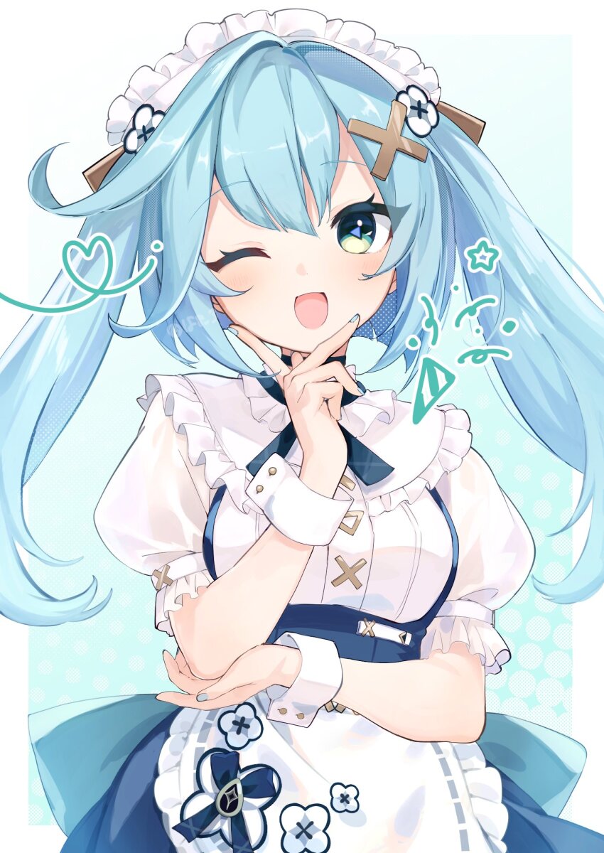 1girl ;o apron aqua_hair aqua_nails blush commentary_request cowlick faruzan_(genshin_cafe_in_seoul)_(genshin_impact) faruzan_(genshin_impact) fingernails frilled_apron frills genshin_impact green_eyes hair_between_eyes hair_ornament hand_on_own_elbow highres long_hair looking_at_viewer maid_apron maid_headdress nail_polish official_alternate_costume one_eye_closed puffy_short_sleeves puffy_sleeves rono_(iwant_ab) short_sleeves solo symbol-shaped_pupils triangle-shaped_pupils twintails twitter_username upper_body very_long_hair waist_apron white_apron white_sleeve_cuffs x_hair_ornament