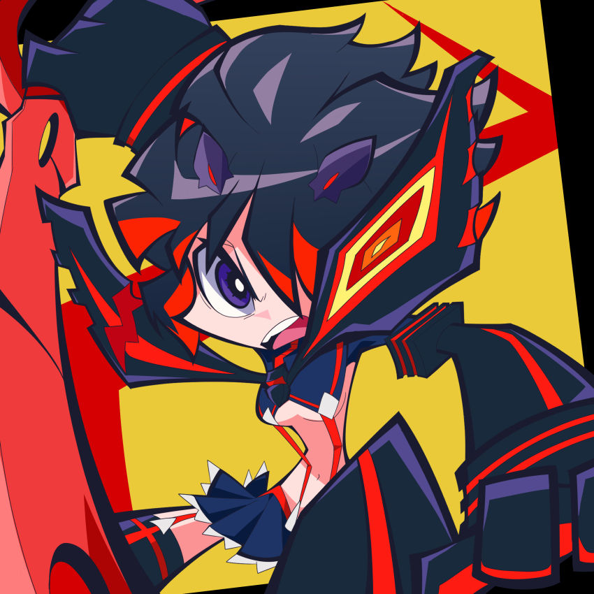 1girl absurdres armor black_hair breasts highres kill_la_kill life_fiber living_clothes matoi_ryuuko miniskirt multicolored_hair okitya panty_&amp;_stocking_with_garterbelt purple_eyes revealing_clothes scissor_blade_(kill_la_kill) senketsu shoulder_armor skirt solo streaked_hair suspenders sword two-tone_hair underboob weapon