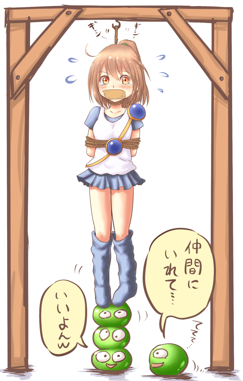 1girl arle_nadja bdsm blob blush bondage bound bound_arms brown_eyes brown_hair execution flat_chest flying_sweatdrops gag highres improvised_gag loli madou_monogatari noose peril ponytail punishment puyopuyo rope simple_background suspension tape tape_gag tears translated white_background
