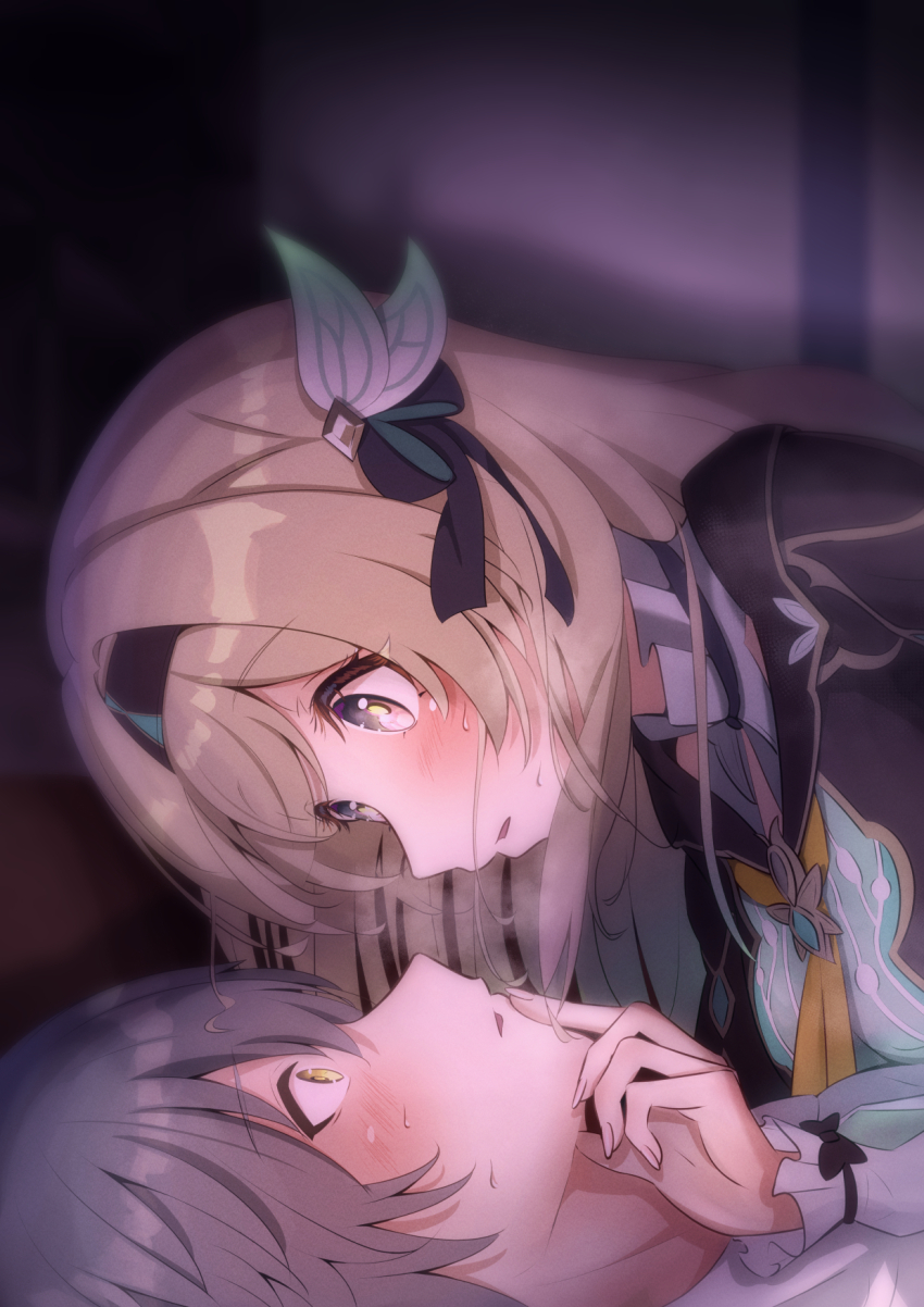 1boy 1girl black_hairband blush caelus_(honkai:_star_rail) collared_shirt firefly_(honkai:_star_rail) frilled_sleeves frills gradient_hair grey_hair hair_between_eyes hair_intakes hair_ornament hair_ribbon hairband highres honkai:_star_rail honkai_(series) imminent_kiss jacket long_hair long_sleeves mashiro_(user_65392488) multicolored_eyes multicolored_hair neckerchief open_mouth orange_neckerchief ribbon shirt trailblazer_(honkai:_star_rail) two-tone_eyes white_shirt white_sleeves yellow_eyes