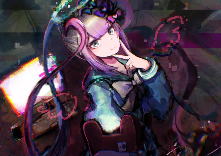 1girl absurdres ame-chan_(needy_girl_overdose) bands blue_eyes blue_hair blue_nails bow can chouzetsusaikawa_tenshi-chan closed_mouth computer drink_can eyelashes glitch hair_bow halo heart highres holographic_clothing computer_keyboard large_bow long_sleeves looking_at_viewer monitor multicolored_hair multicolored_nails nail_polish needy_girl_overdose phone pink_hair pixelated screen screen_light selfie sidelocks smile soda_can solo v wasabi_poi white_hair wig yellow_bow yellow_nails