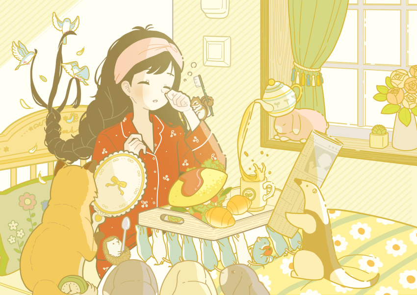 1girl animal anteater bed bird black_hair blush braid braiding_hair cat chipmunk closed_eyes croissant cup curtains flower flower_pot food hair_lift hairdressing hamster headband hedgehog highres holding long_hair mirror morning mug newspaper omelet omurice original pajamas parted_lips pouring rabbit rose rubbing_eyes solo squirrel succulent_plant tea teapot toothbrush tray under_covers vase very_long_hair window yoshimon