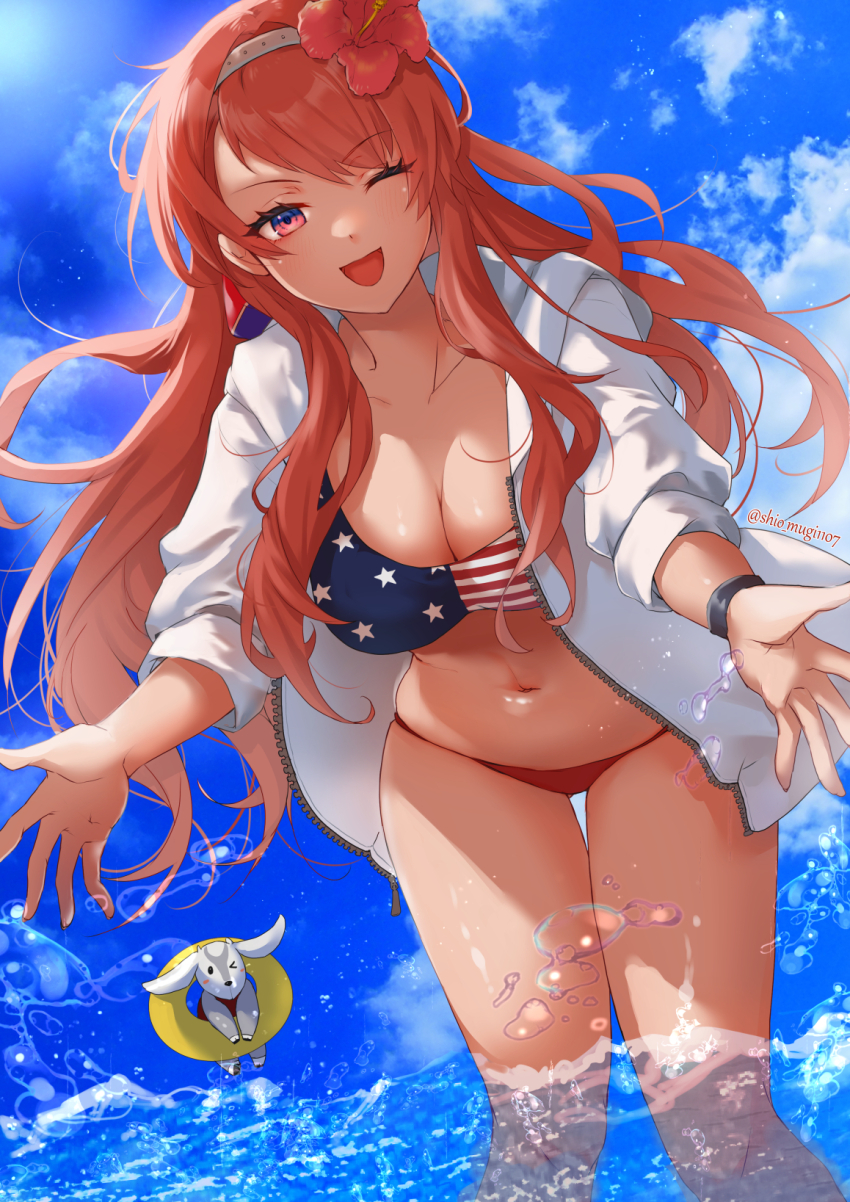 1girl alternate_costume american_flag american_flag_bikini american_flag_print artist_name bikini blue_sky braid breasts cloud day flag_print flag_print_bikini flower hair_flower hair_ornament hairband hibiscus highres jacket kantai_collection large_breasts long_hair looking_at_viewer navel nevada_(kancolle) nevada_kai_(kancolle) nevada_kai_mod.2_(swimsuit)_(kancolle) open_clothes open_jacket outdoors print_bikini red_bikini red_eyes red_hair shiomugi_(shio_mugi1107) shirt sky sleeves_rolled_up solo standing stomach swimsuit thighs twitter_username wading watermark white_hairband white_jacket