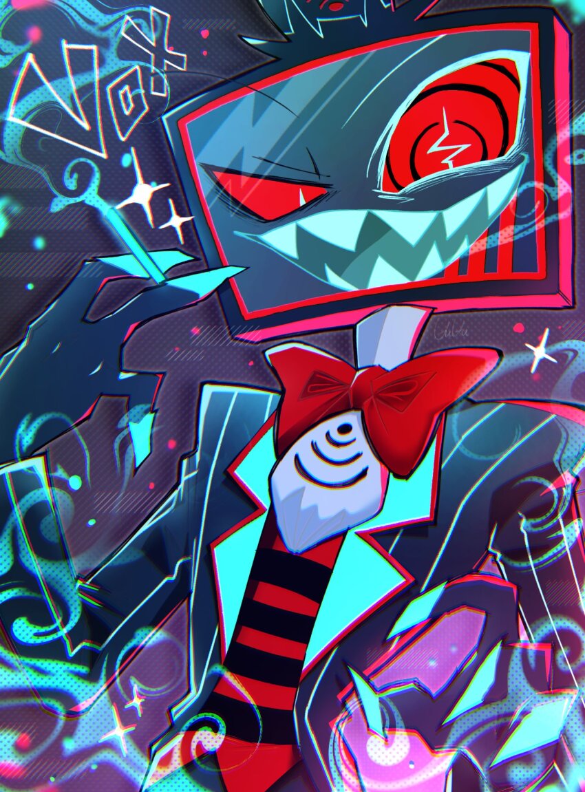 &gt;:) black_stripes bow bowtie character_name cigarette collar collared_jacket demon formal_clothes hazbin_hotel highres holding holding_cigarette jacket kotori_(kotori_501061) looking_at_viewer monitor non-web_source open_mouth pinstripe_pattern red_bow red_bowtie red_eyes red_shirt sharp_teeth shirt signature solo suit teeth v-shaped_eyebrows vox_(hazbin_hotel)