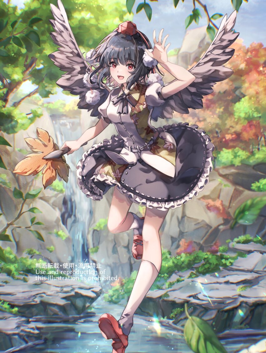 1girl autumn_leaves bird_wings black_hair black_skirt blouse branch breasts buttons cliff dot_nose female_focus floating frilled_skirt frills geta hand_fan highres kneehighs leaf leaf_print medium_hair nanop38 neckerchief open_mouth outdoors pom_pom_(clothes) red_eyes river rock shameimaru_aya shirt skirt small_breasts socks solo tengu-geta tokin touhou tree water waterfall watermark waving_arm wings