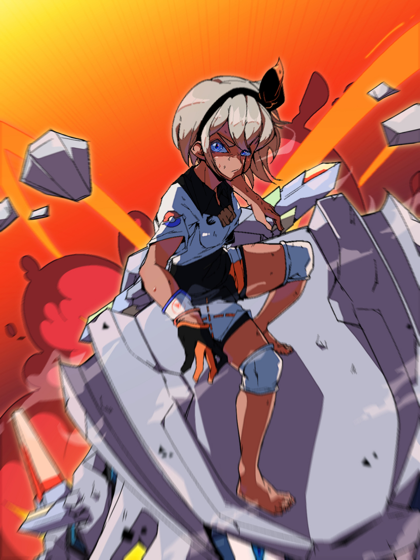 1girl 2049_(hh5566) ahoge alternate_eye_color arms_at_sides barefoot bea_(pokemon) blue_eyes bodysuit bodysuit_under_clothes breasts collared_shirt covered_navel dark-skinned_female dark_skin dynamax_band epic feet female_focus full_body game_freak gen_2_pokemon gloves green_hair gym_leader hair_between_eyes hair_ornament hair_ribbon hairband highres knee_pads looking_at_viewer medium_breasts medium_hair mega_pokemon mega_steelix neck nintendo partially_fingerless_gloves pokemon pokemon_swsh ribbon riding riding_pokemon serious shirt short_shorts short_sleeves shorts sidelocks size_difference standing steelix t-shirt thighs tied_shirt toenails toes toned toned_female