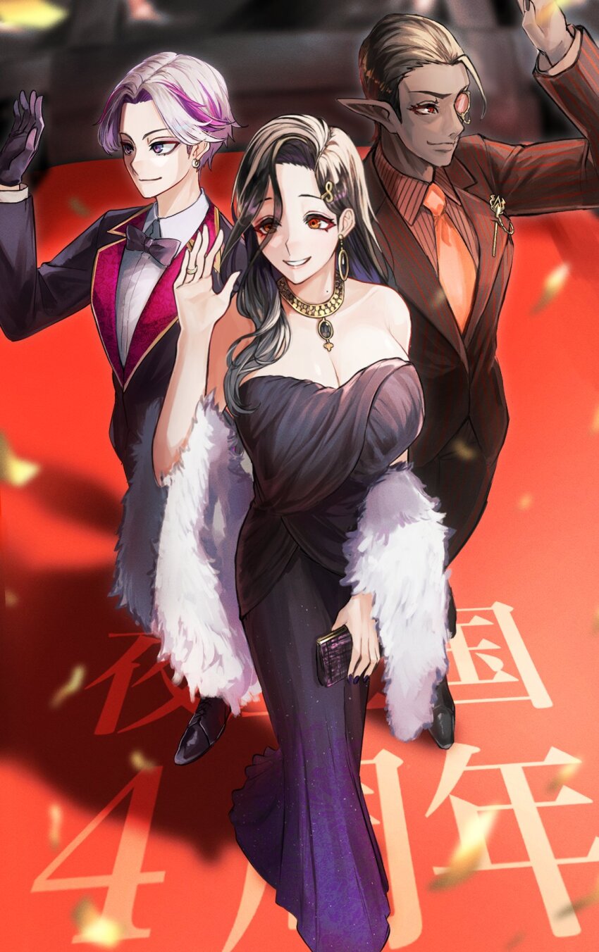 black_hair breasts brown_hair cleavage dark-skinned_male dark_skin dress elf eyeshadow formal_clothes fuwa_minato gloves gradient_hair grey_hair gwelu_os_gar hair_ornament highres jacket jewelry large_breasts long_hair long_sleeves makeup mole mole_on_neck multicolored_hair multiple_boys nekotokage night_kingdom_(nijisanji) nijisanji open_mouth orange_eyes orange_eyeshadow pants pink_hair pointy_ears purple_dress purple_eyes purple_hair red_eyes shirayuki_tomoe shirt short_hair sleeveless sleeveless_dress smile streaked_hair suit virtual_youtuber white_hair