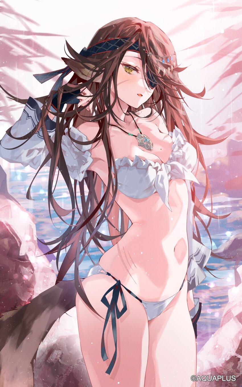 1girl aquaplus arutera bikini breasts brown_hair cleavage eyepatch highres long_hair medium_breasts mole mole_on_breast navel pointy_ears solo swimsuit tail very_long_hair white_bikini