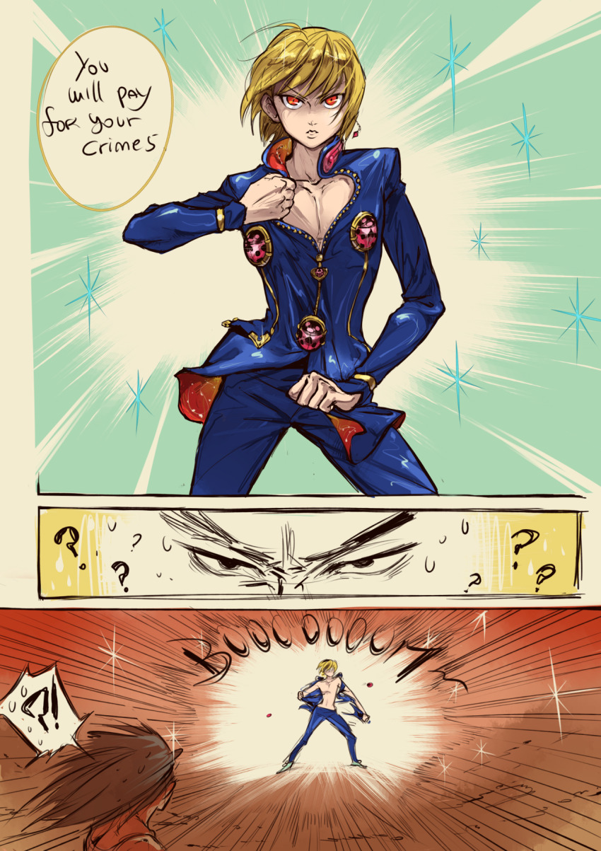 !? 2boys ? alderion-al blonde_hair character_request comic commentary_request cosplay english_text giorno_giovanna giorno_giovanna&#039;s_pose_(jojo) giorno_giovanna_(cosplay) highres hunter_x_hunter jojo_no_kimyou_na_bouken jojo_pose kurapika male_focus multiple_boys orange_eyes spanish_commentary spoken_interrobang tearing_clothes torn_clothes vento_aureo